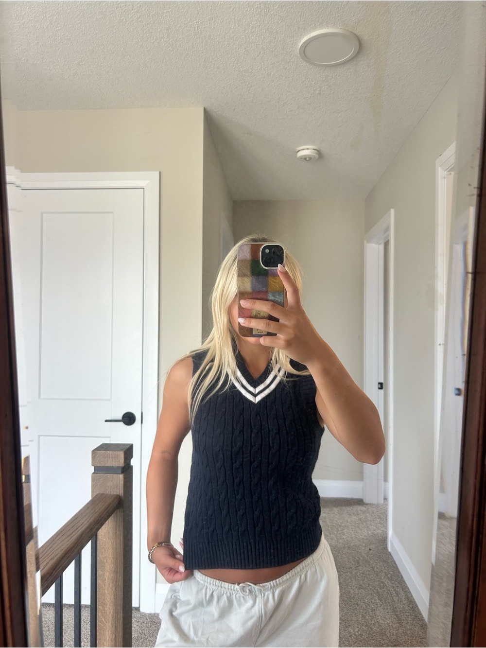 Tommy Hilfiger Black Cable-Knit V-Neck Sweater Vest with White Trim
